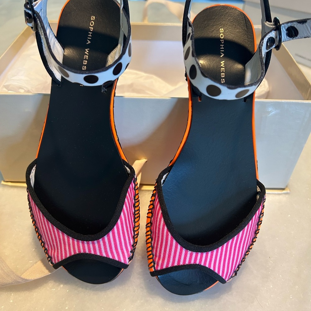 Sophia Webster Pink Striped & Polka Dot Ankle-Strap Heels